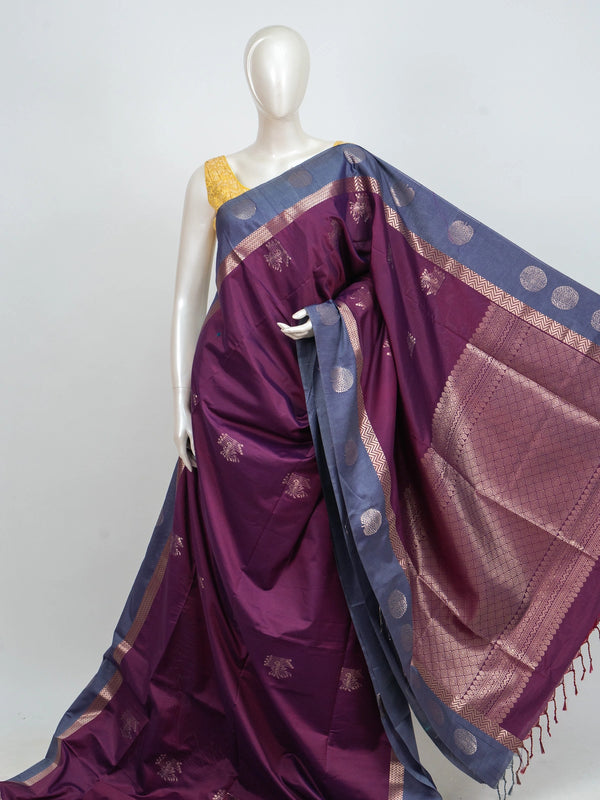 Purple Kanchipuram fancy silk saree with grey-blue contrast border and gold zari buttas
