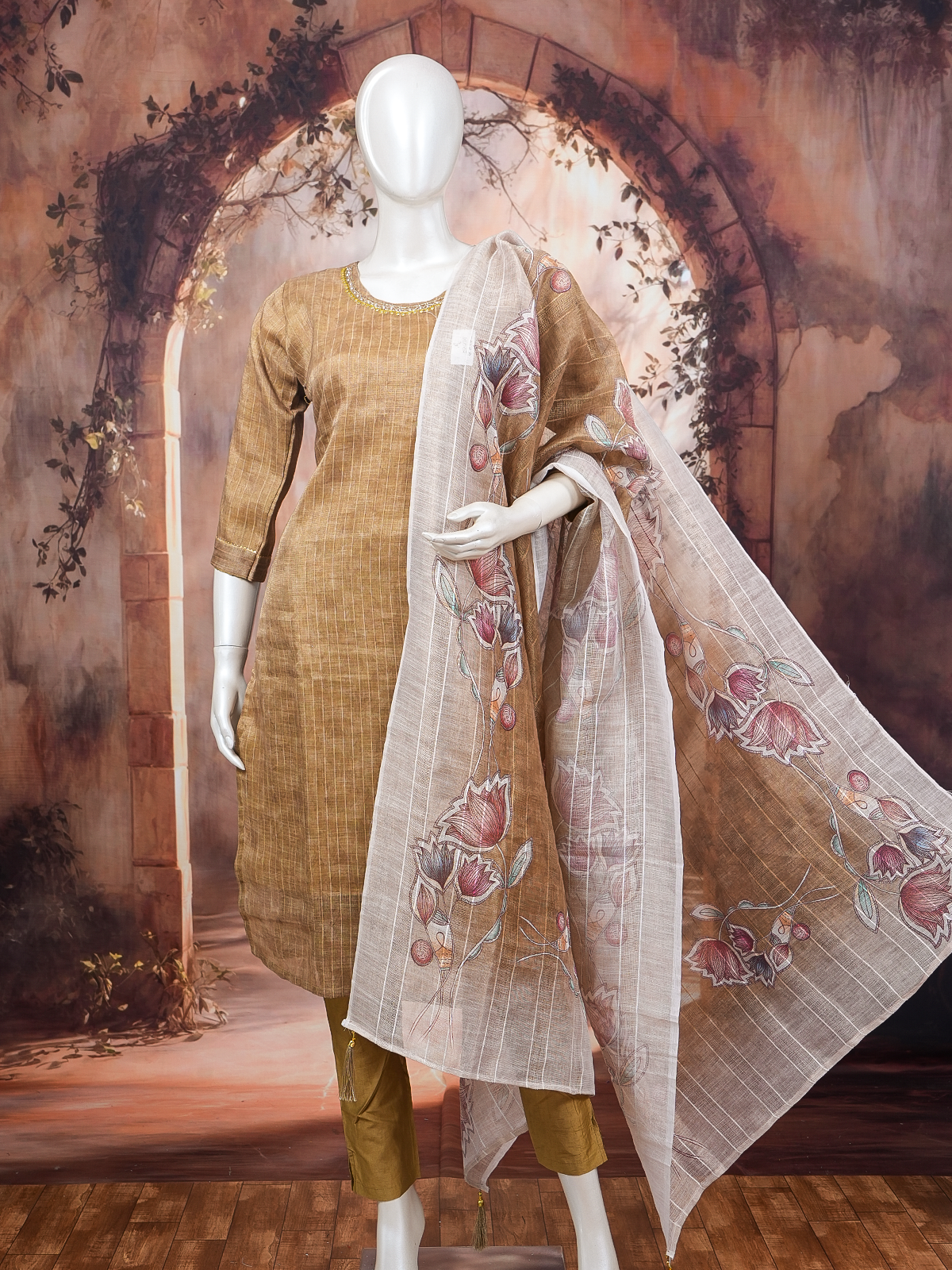 Brown textured kurti set with embellished neckline, straight pants and floral printed off-white dupatta