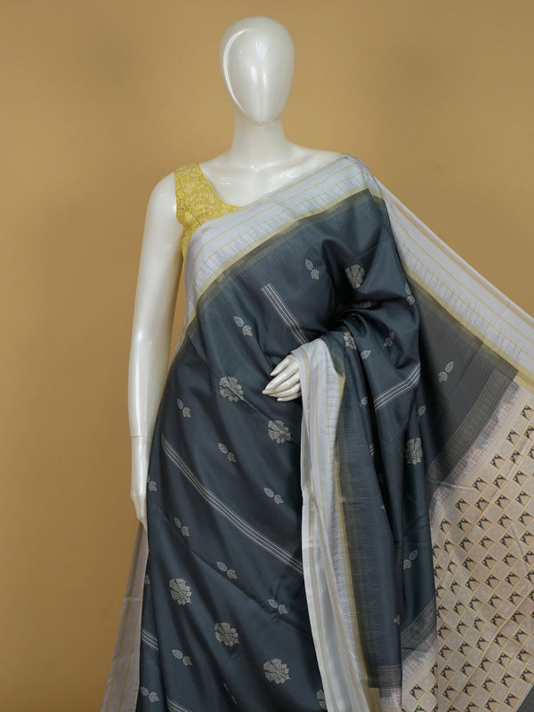 Grey Dola silk saree with cream gold zari border and floral buttis