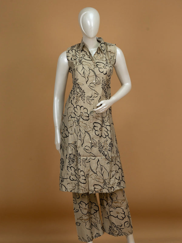 Beige floral printed cotton sleeveless shirt-style kurti with matching palazzo co-ord set