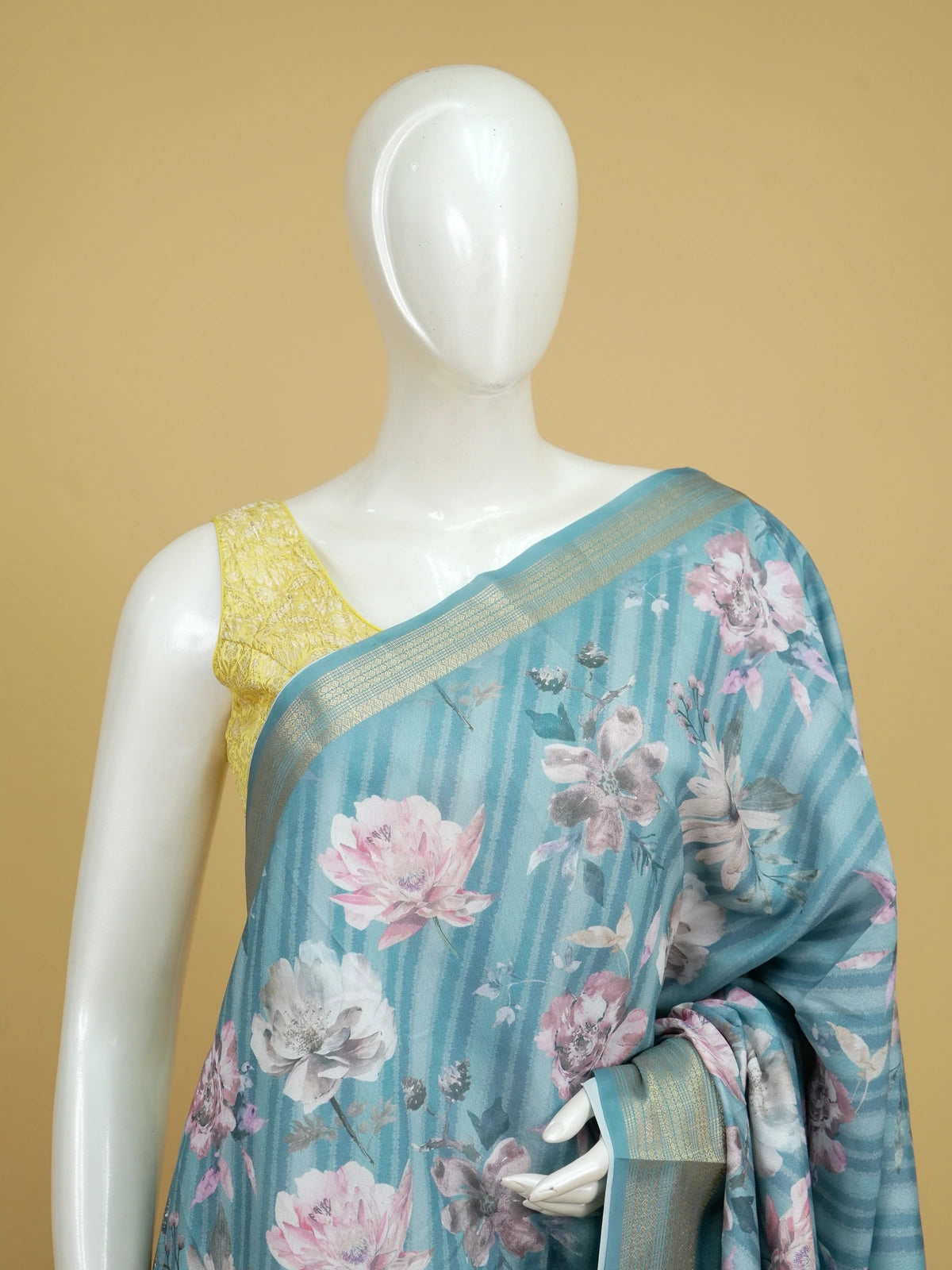 Teal blue floral printed designer art silk saree with gold zari border