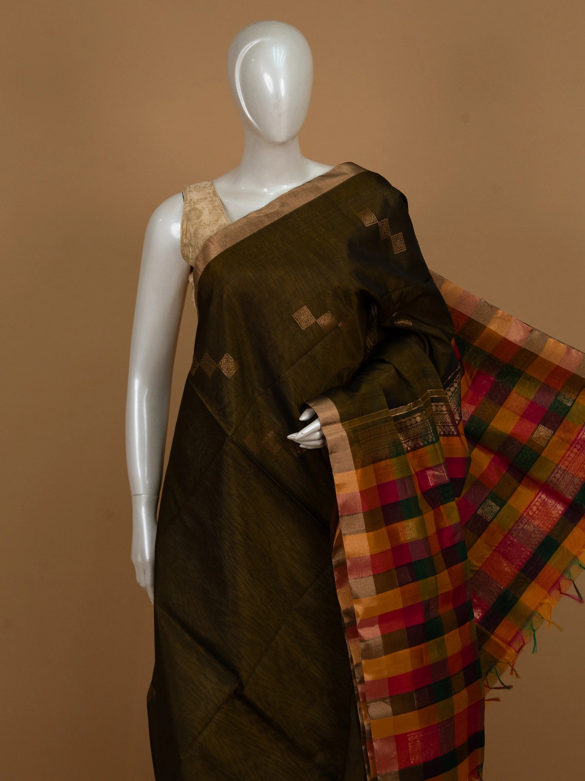 Mehendi green pure silk cotton saree with gold zari buttas and multicolour checked pallu