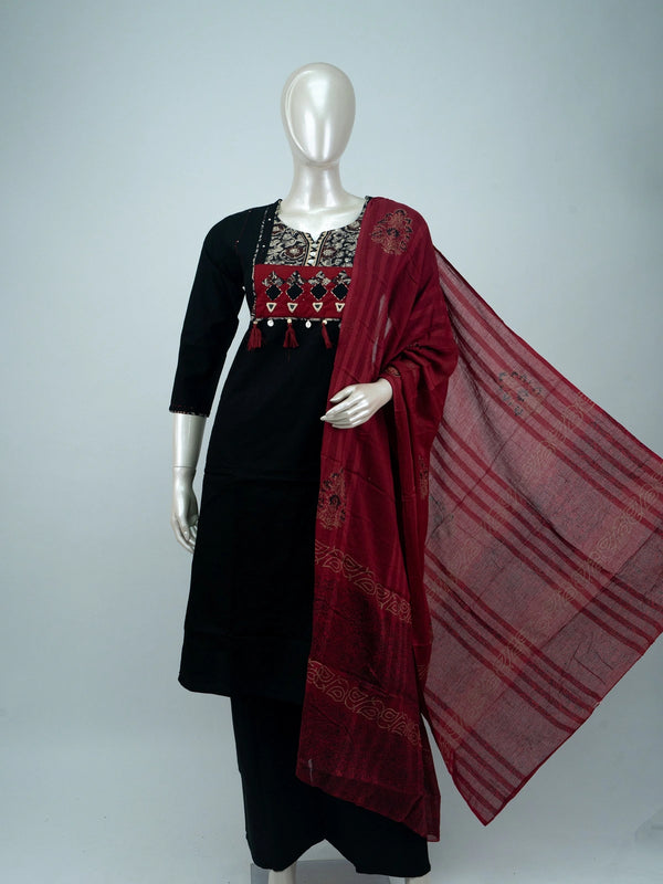 Black cotton straight cut kurti set with mirror work yoke and maroon block-print dupatta