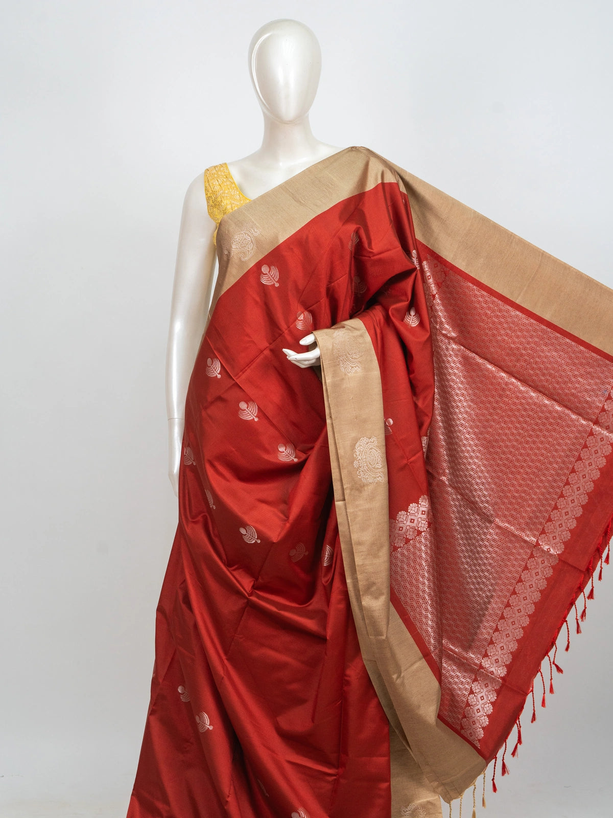 Red Kanchipuram fancy silk saree with beige contrast border and silver zari pallu