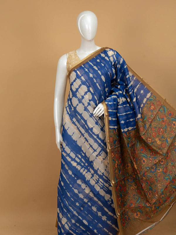 Royal blue and cream shibori Linen Cotton saree with gold zari border and Kalamkari floral pallu