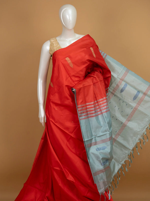 Red banana silk saree with gold butta and contrast light blue striped pallu