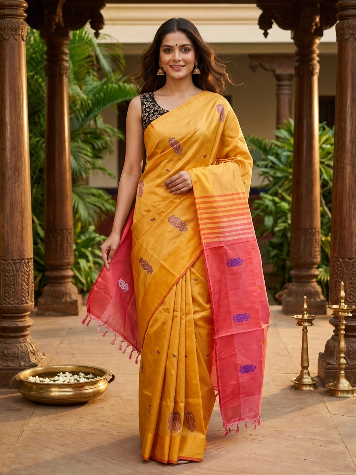 Mustard yellow banana silk saree with contrast pink pallu, purple paisley butis and gold zari work