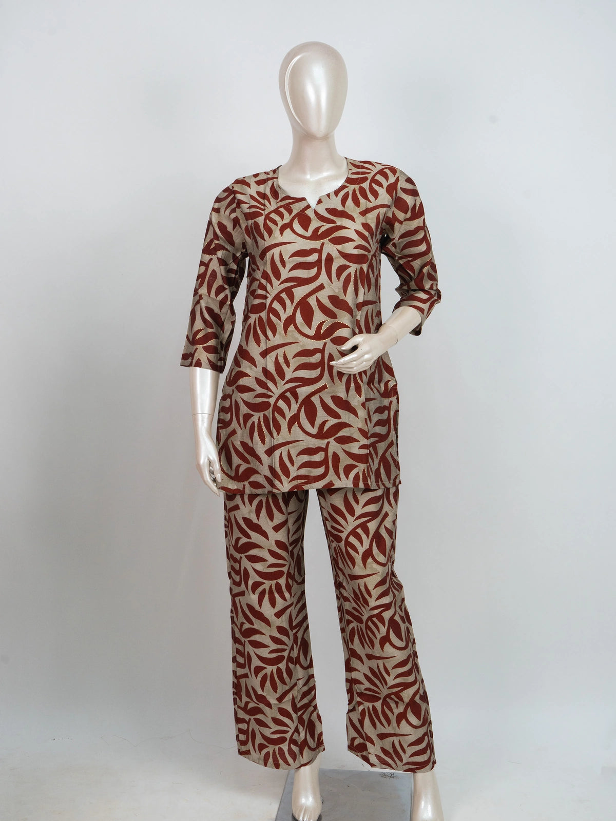 Rust and beige leaf print cotton co-ord set with short kurti and wide-leg pants