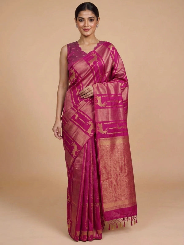 Magenta Pink and Gold Semi Raw Silk Saree