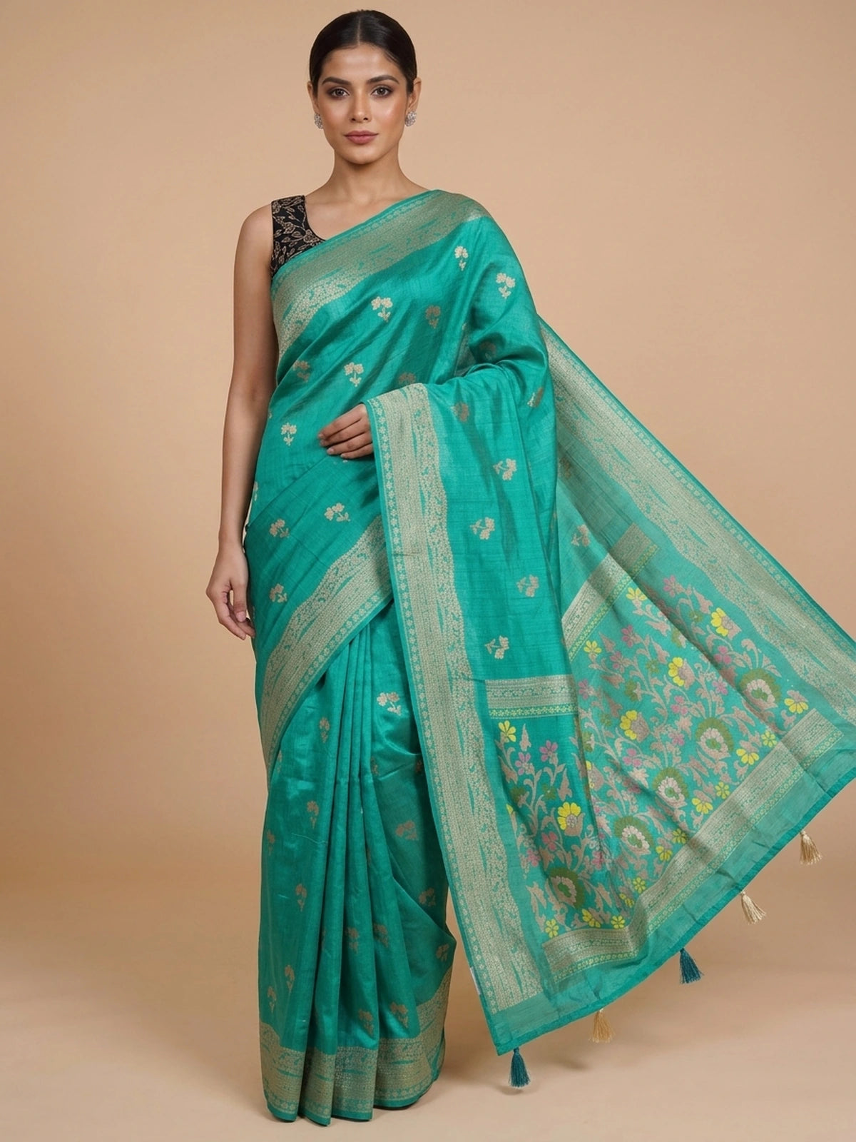 Sea Green and Gold Semi Raw Silk Saree