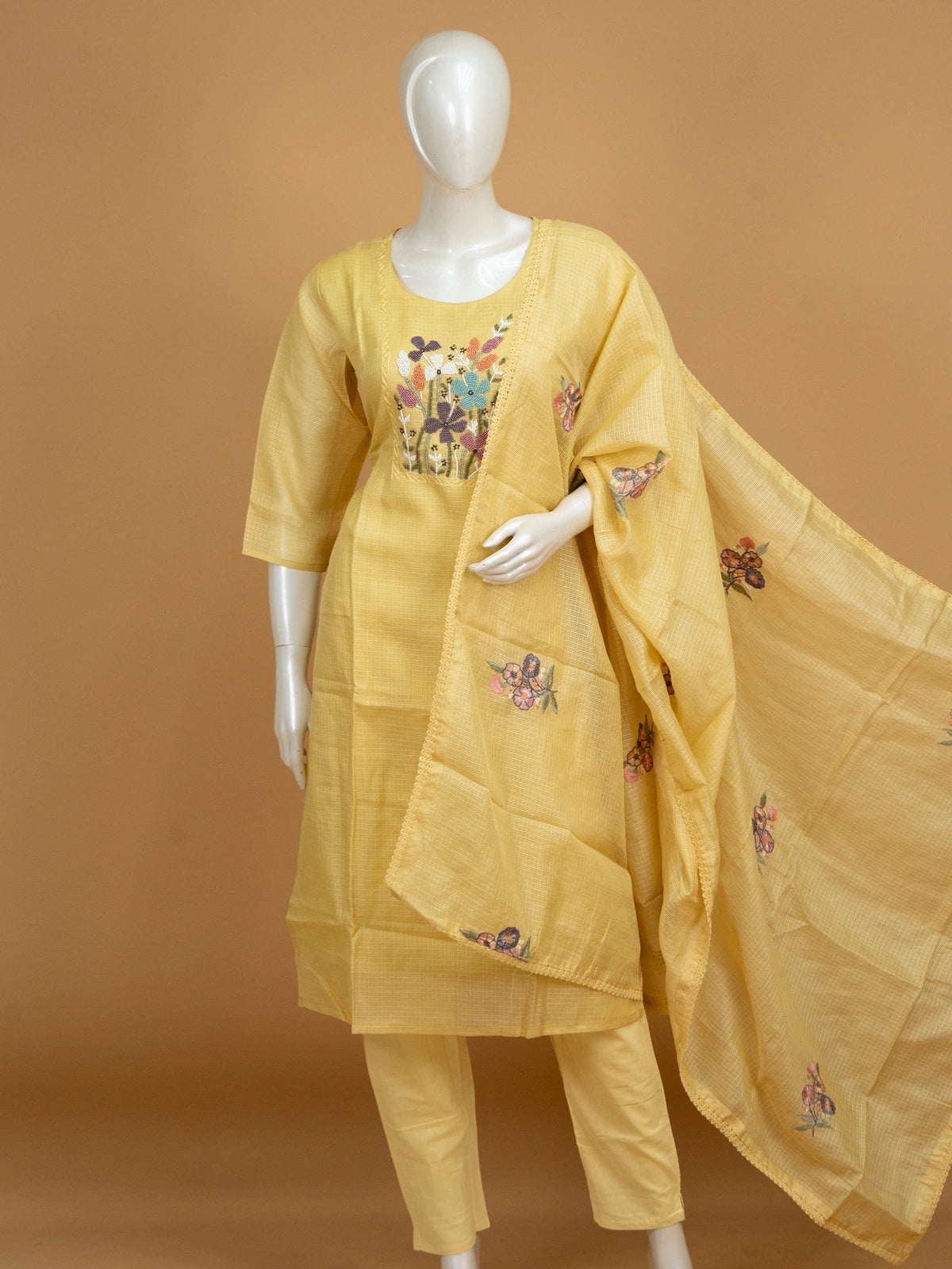 Yellow Kota Doria straight cut kurti set with multicolour beaded floral embroidery and dupatta