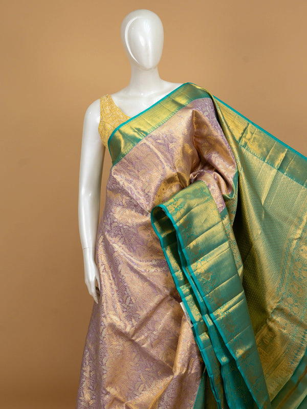 Lavender pure Kanchipuram silk saree with gold zari floral brocade and contrast teal-green gold border