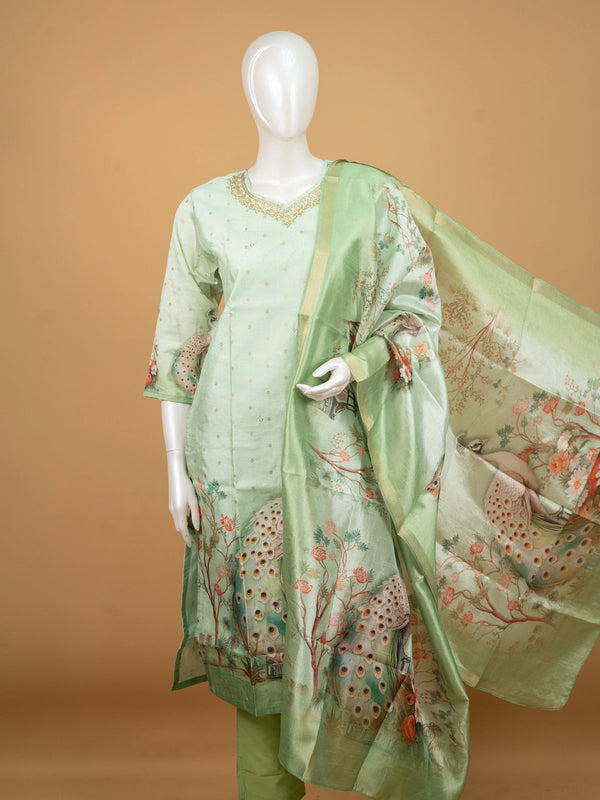 Pista green peacock print Chanderi silk straight cut kurti set with embellished neckline and printed dupatta