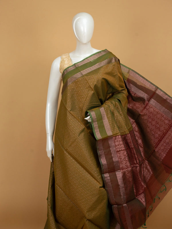 Olive green silk cotton saree with contrast maroon zari border and woven pallu