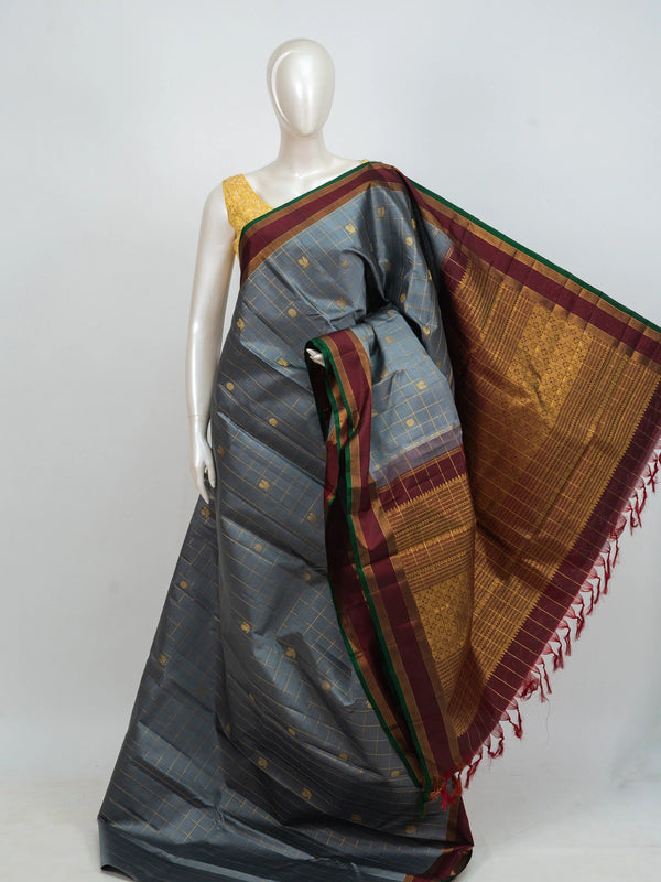 Grey pure Kanchipuram silk saree with gold zari checks, contrast maroon border and ornate zari pallu