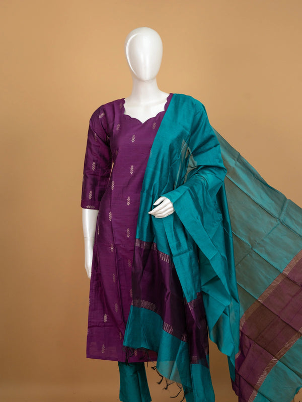 Purple art silk straight cut kurti set with gold zari buti motifs and teal dupatta