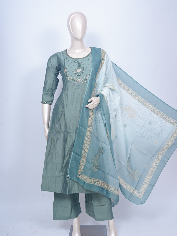 Dusty teal embroidered ready made kurti set with paisley yoke and printed dupatta