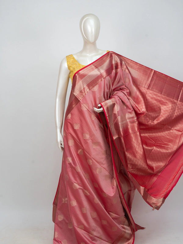 Rose pink and red semi silk saree with gold zari buttas and contrast zari border