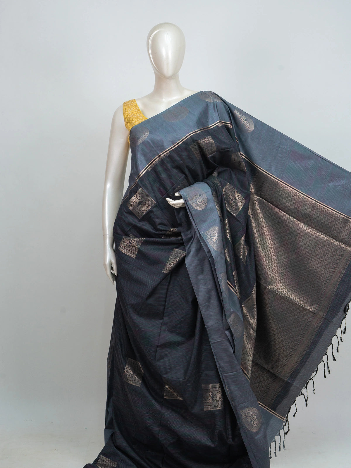 Dual-tone grey and gold Kanchipuram Fancy Silk saree with gold zari buttas and contrast zari border