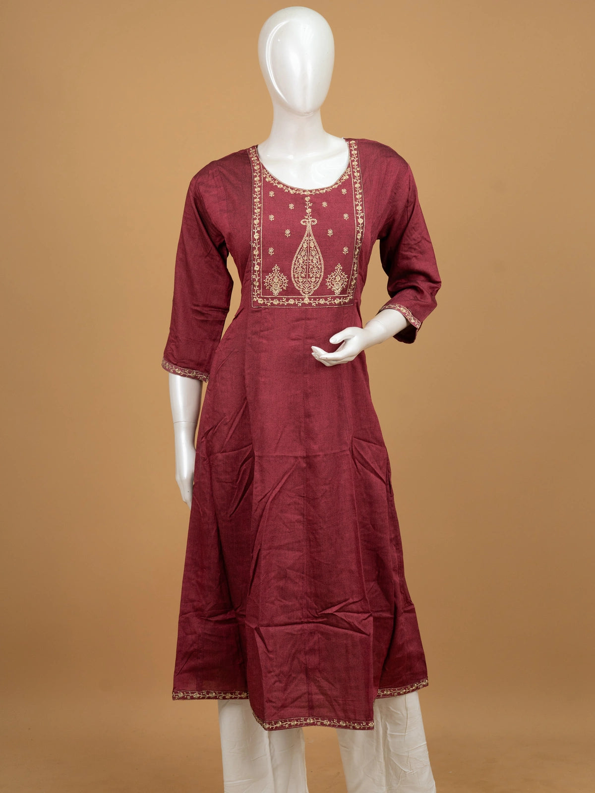 Maroon zari embroidered cotton Anarkali kurti top with gold paisley yoke