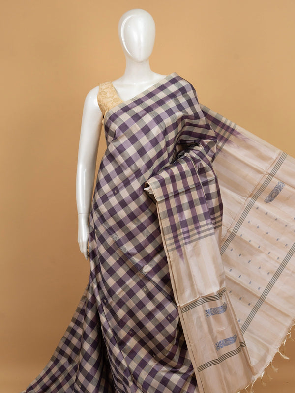 Mauve purple and cream checked banana silk saree with contrast cream pallu and woven paisley motifs