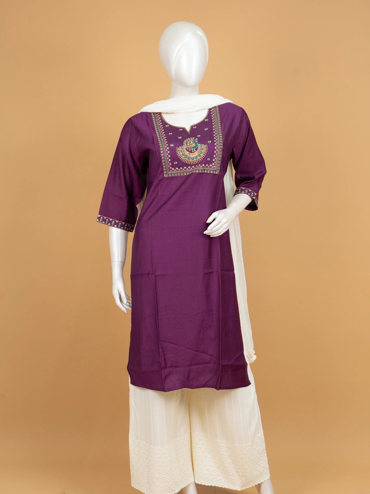 Purple peacock embroidered Anarkali kurti top with gold and teal zari yoke work