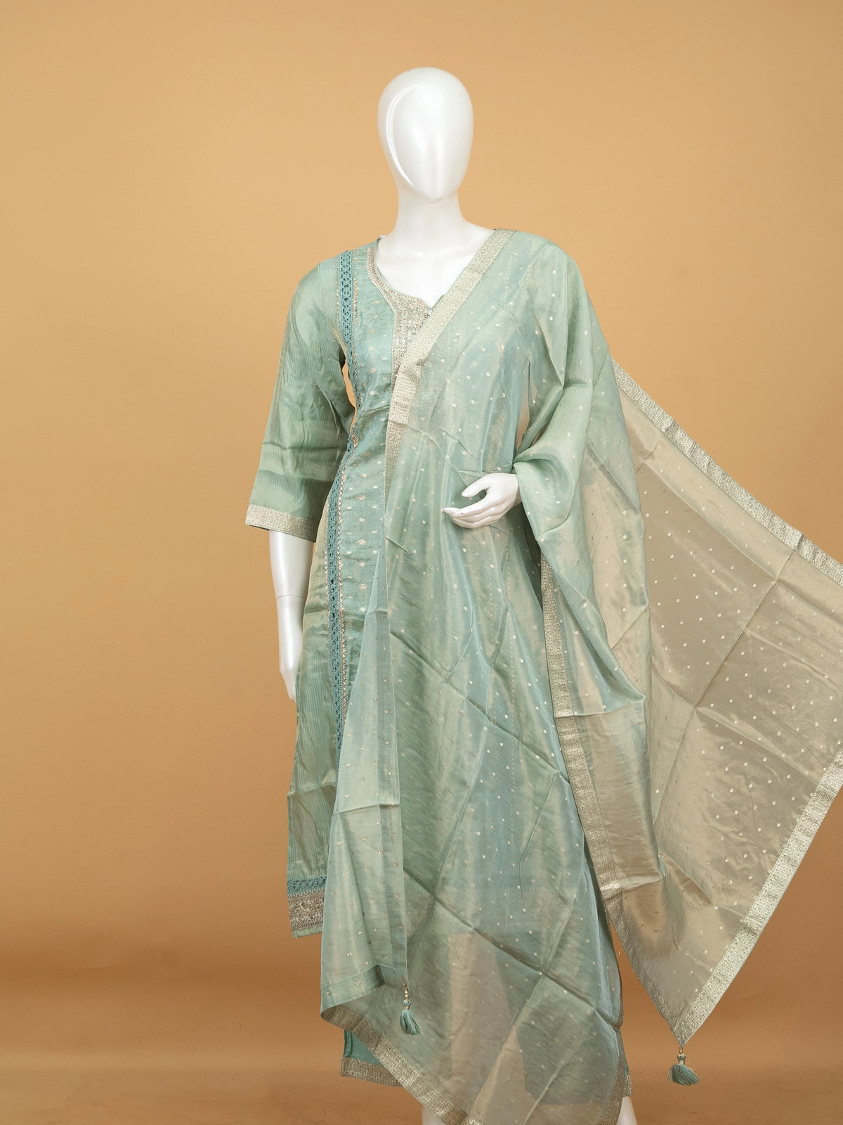 Sea Green Chanderi silk zari embroidered straight cut kurti set with pants and gold-dotted dupatta