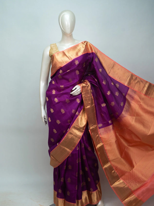 Purple pure Kanchipuram silk saree with contrast peach gold zari border and buttas