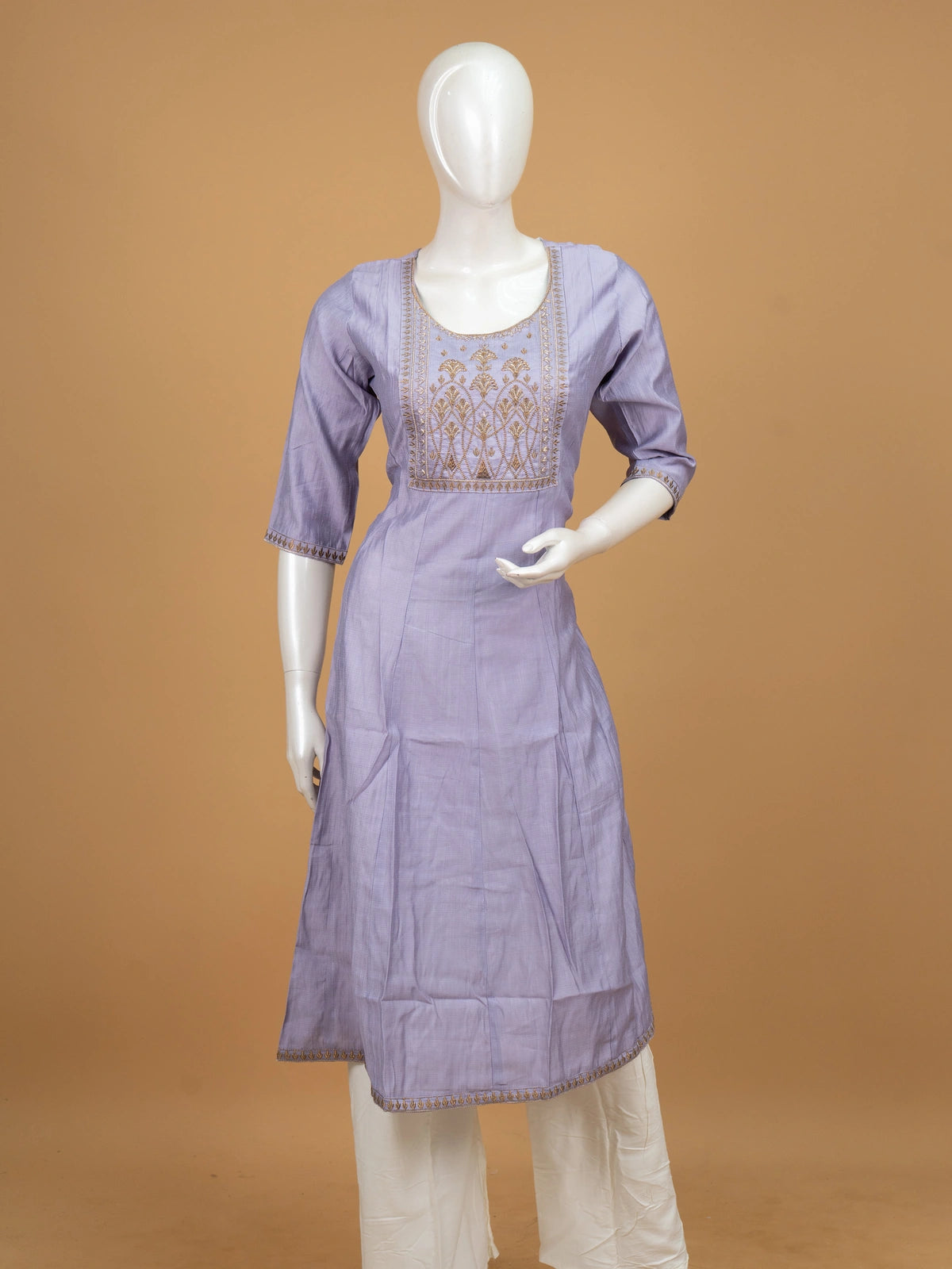 Lavender gold Zari embroidered Anarkali kurti top with round neck and 3/4th sleeves