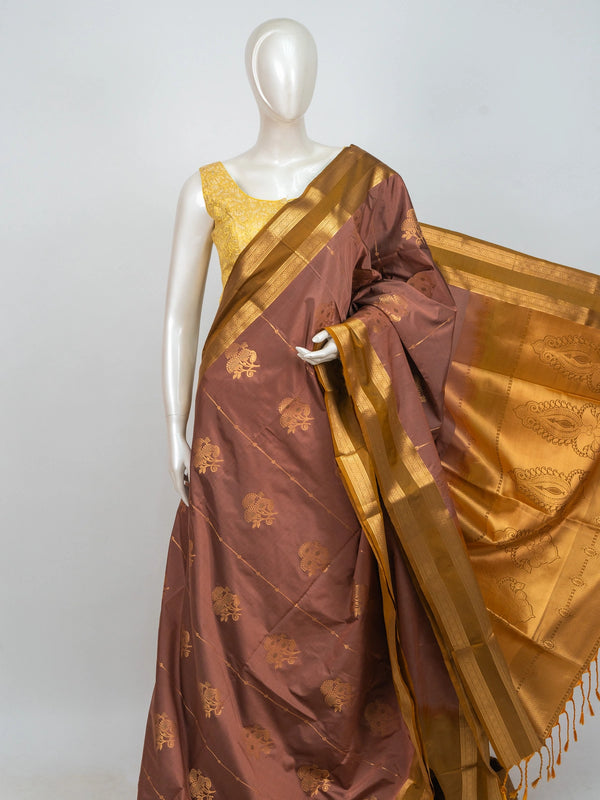 Dusty rose-brown semi silk saree with mustard-gold zari border and paisley pallu