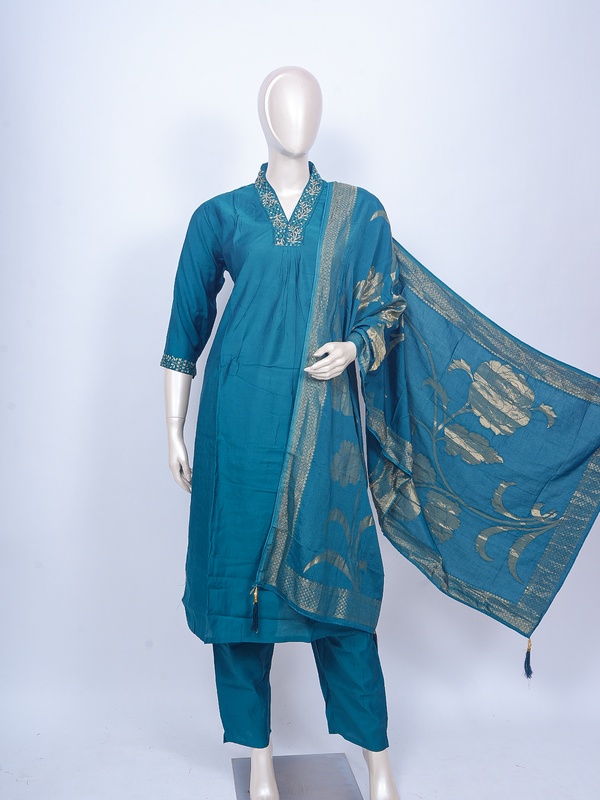 Teal blue art silk kurti set with embroidered neckline and gold zari floral dupatta