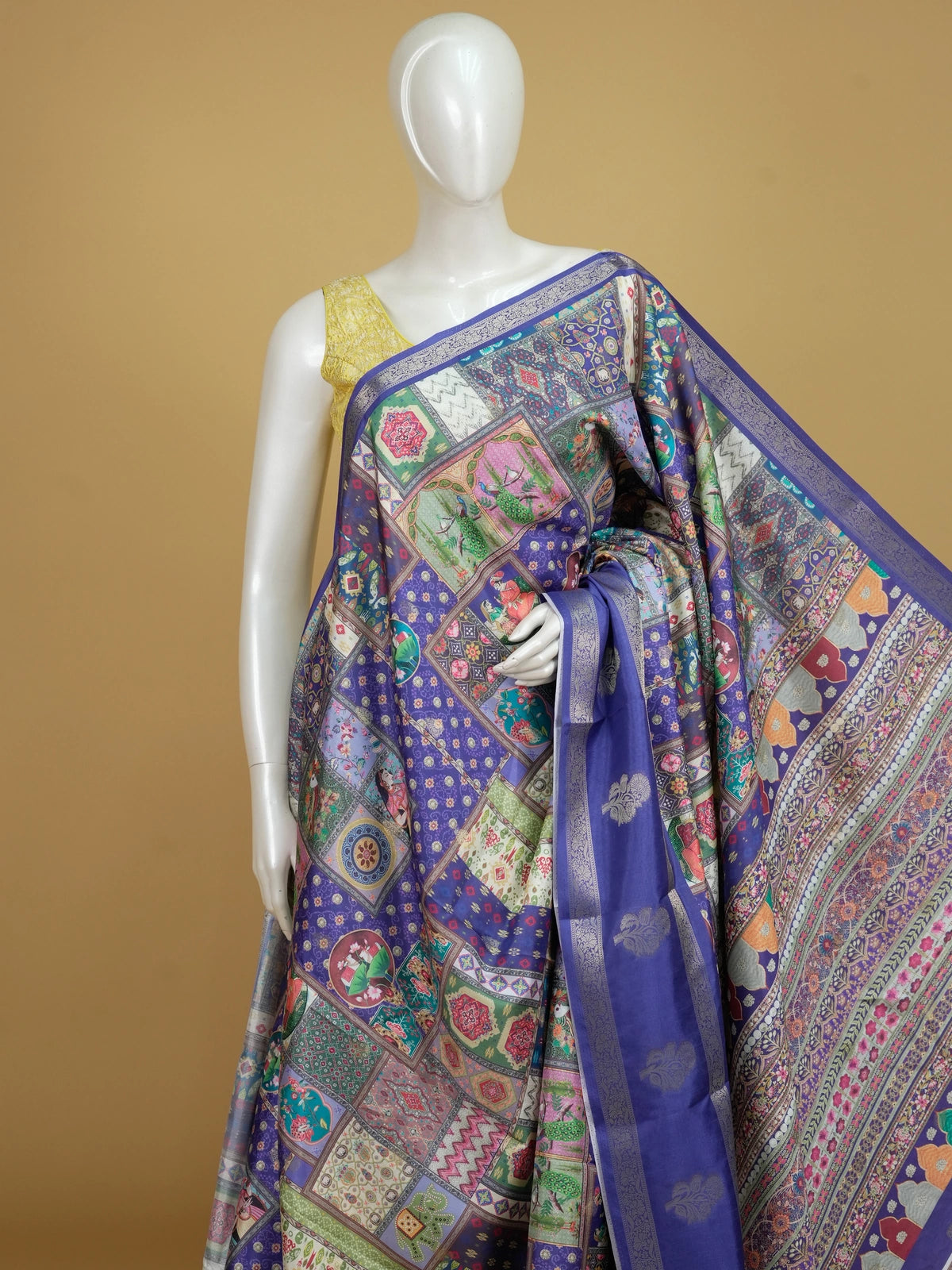 Royal blue multicolour Dola silk saree with patchwork print and gold zari border