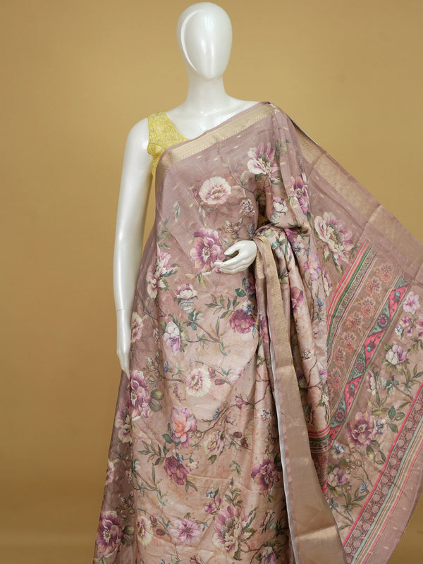 Dusty rose designer saree with multicolour floral print, gold zari checks and woven gold border