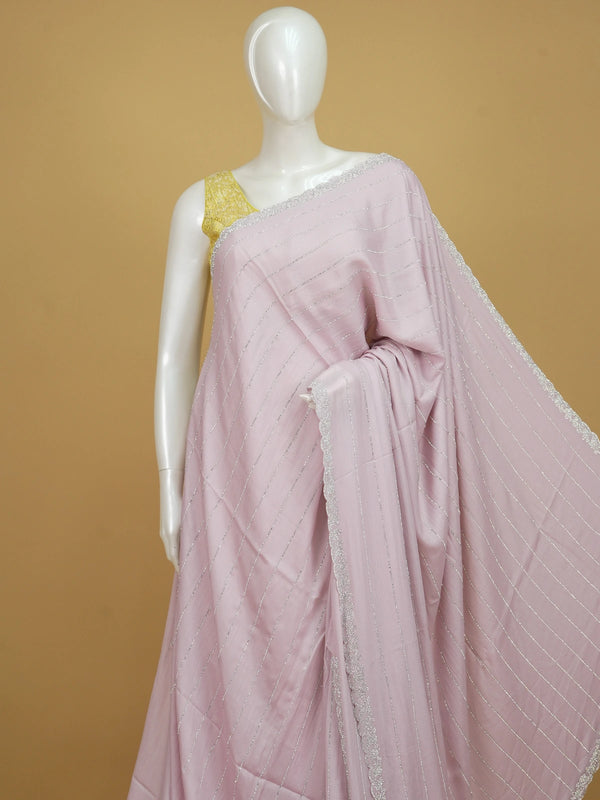 Lilac pink designer chiffon saree with silver sequin stripes and scalloped stone border