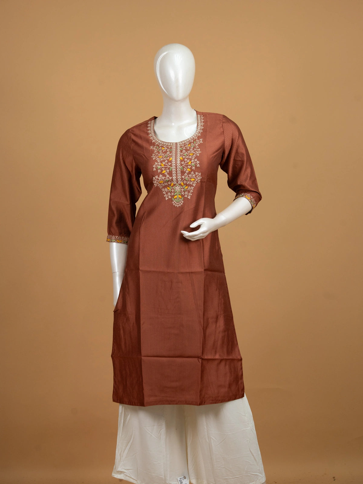 Rust brown embroidered cotton silk straight cut kurti top with floral neckline work