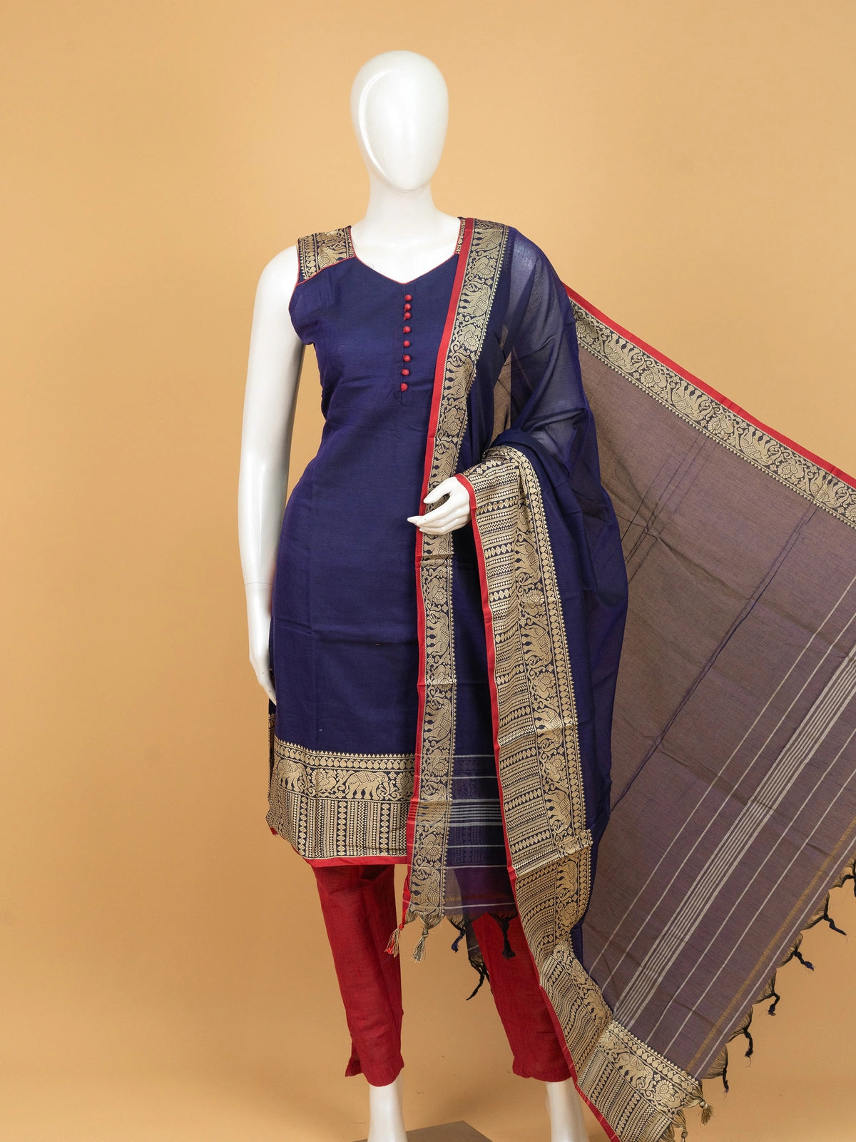 Navy Blue cotton straight cut kurti set with gold zari elephant border, red potli buttons and matching dupatta