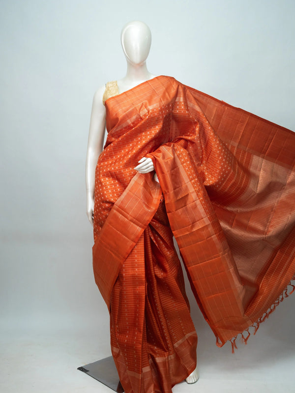 Orange pure Kanchipuram silk saree with self checks, butta motifs and copper-gold zari border