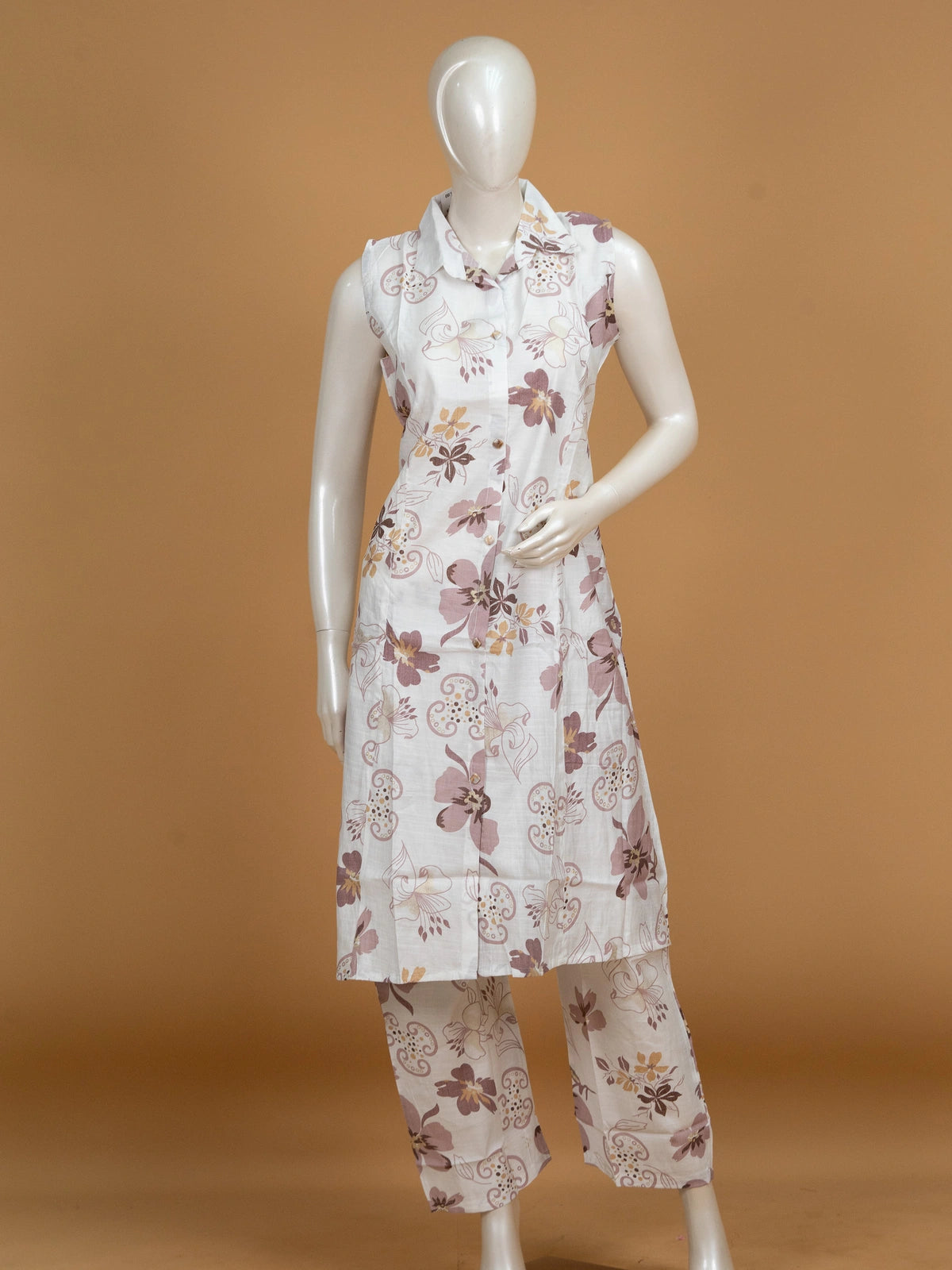 White floral printed cotton sleeveless collared co-ord set with matching straight pants