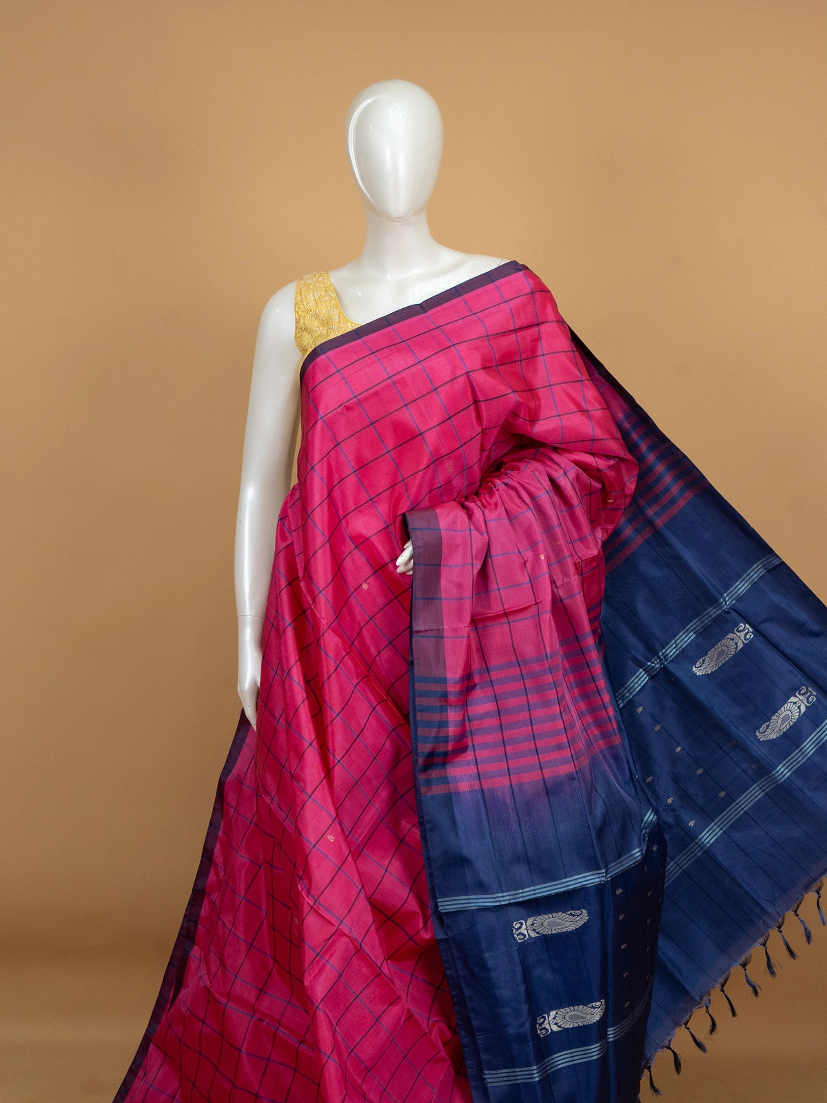 Pink and navy blue Banana Silk saree with blue checks and silver zari paisley pallu
