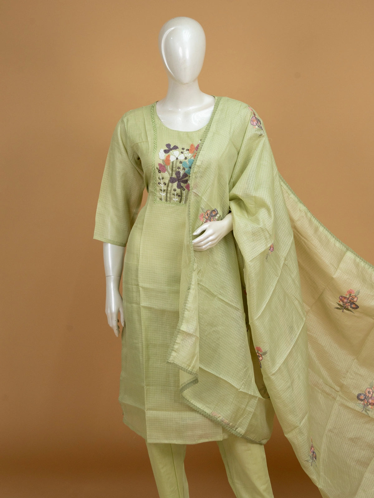 Pista green kota straight cut kurti set with multicolour floral beadwork and embroidered dupatta