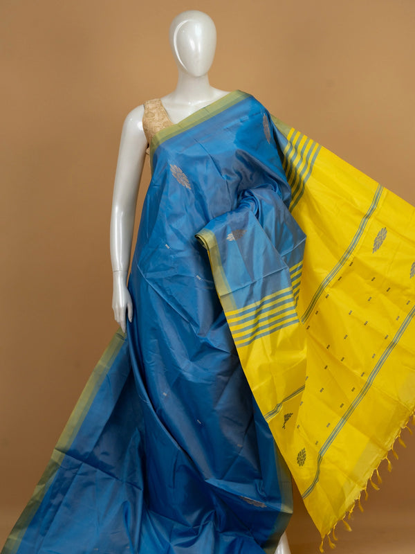 Blue Banana silk saree with yellow contrast pallu and silver zari floral buttas