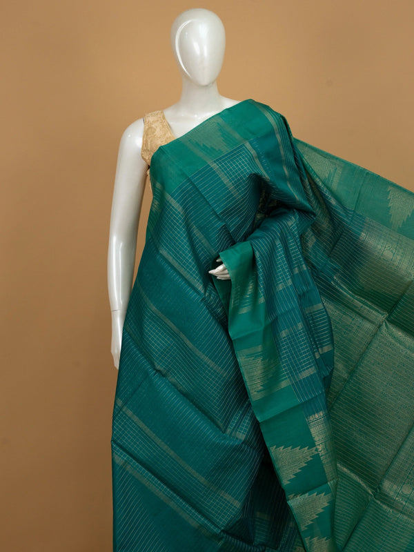 Teal green pure silk cotton saree with gold zari checks and contrast temple zari border