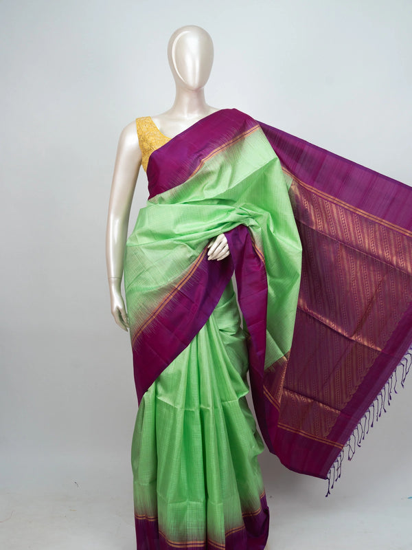 Parrot green soft silk saree with contrast magenta zari border and pallu