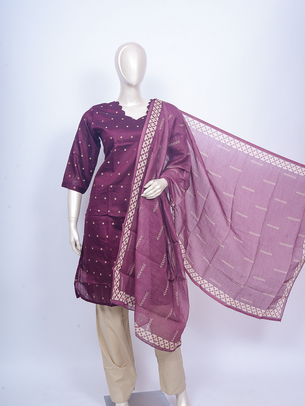 Wine purple woven buti cotton silk kurti set with beige pants and contrast border dupatta