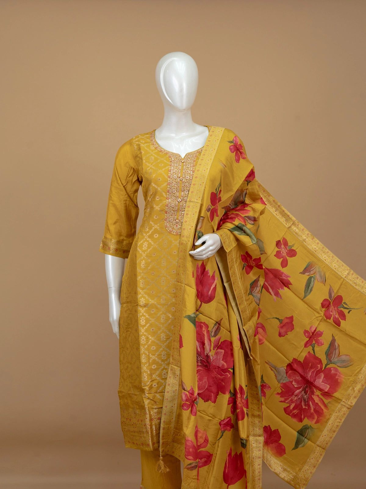 Mustard yellow zari woven silk embroidered straight cut kurti set with floral printed dupatta