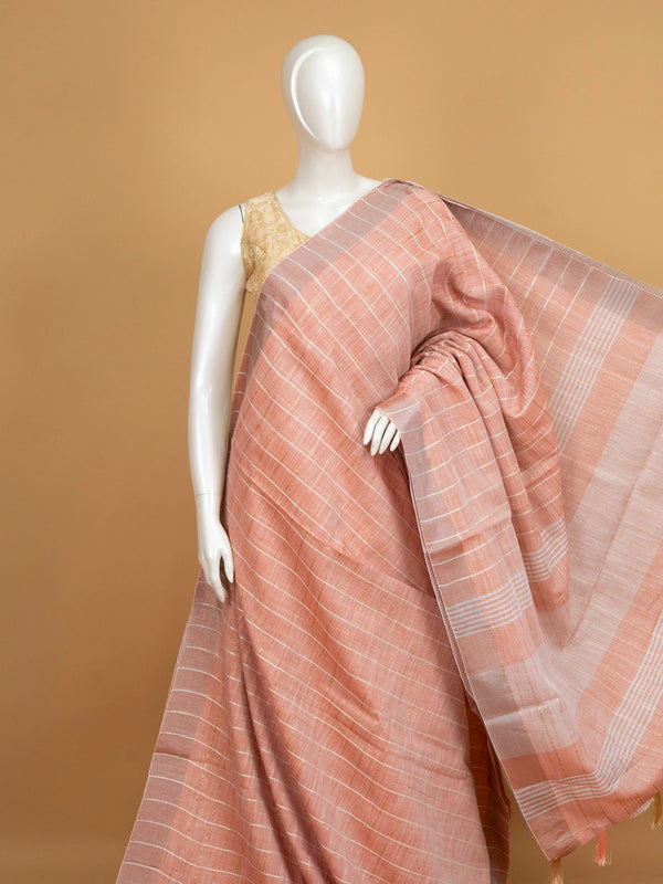 Peach linen cotton saree with white and gold zari checks and contrast striped border