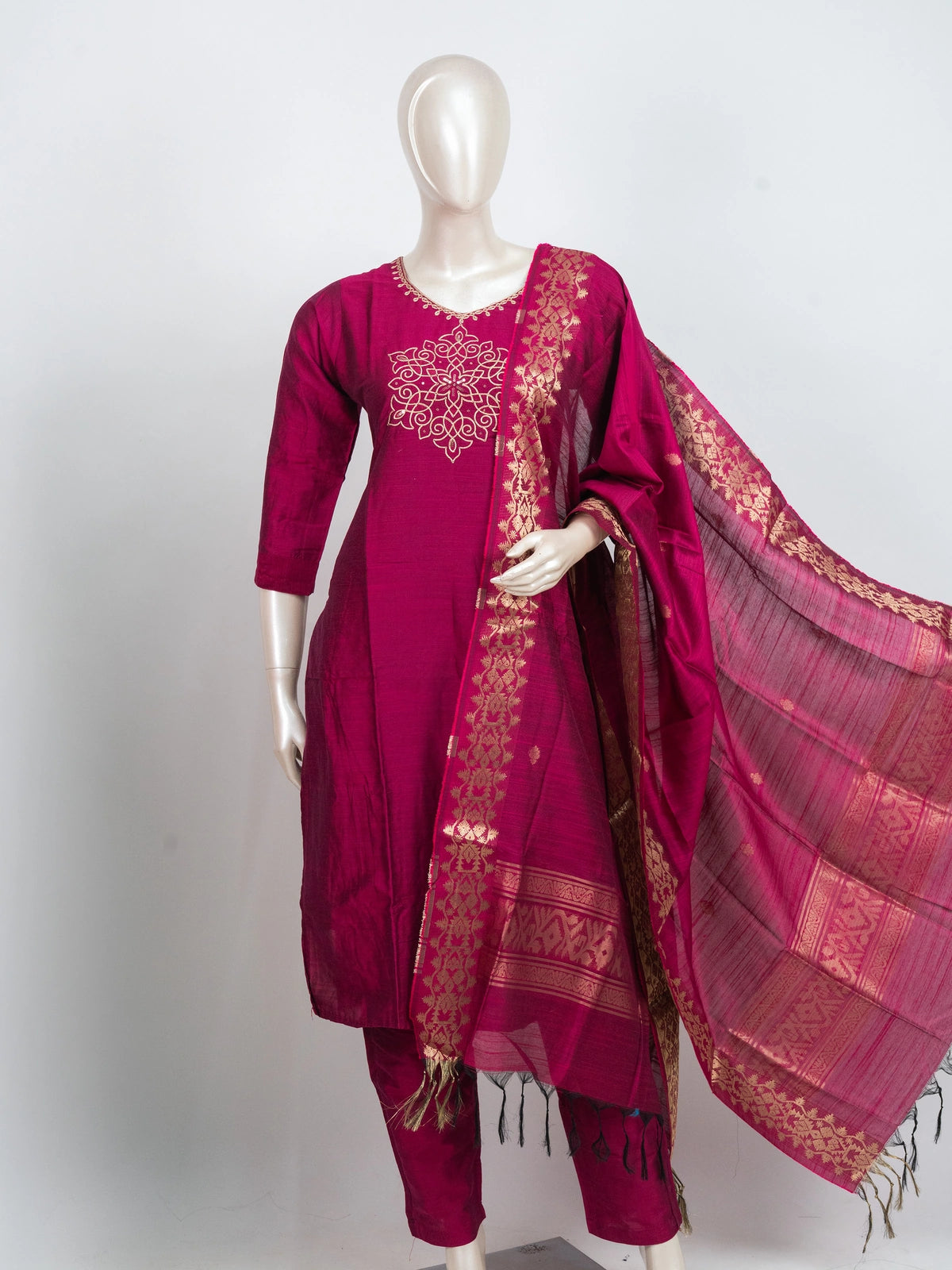 Rani Pink art silk zari embroidered straight cut kurti set with matching pants and gold-bordered dupatta