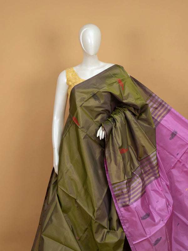 Olive green banana silk saree with contrast pink pallu, gold zari stripes and woven paisley buttas