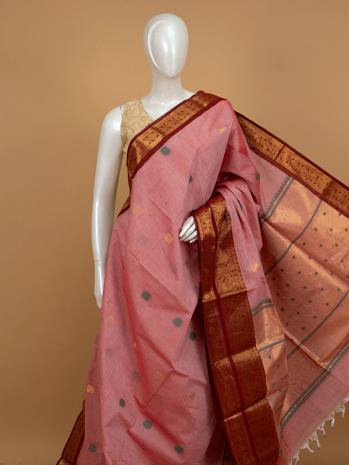 Pink Chettinad cotton saree with maroon gold zari border and woven buttas