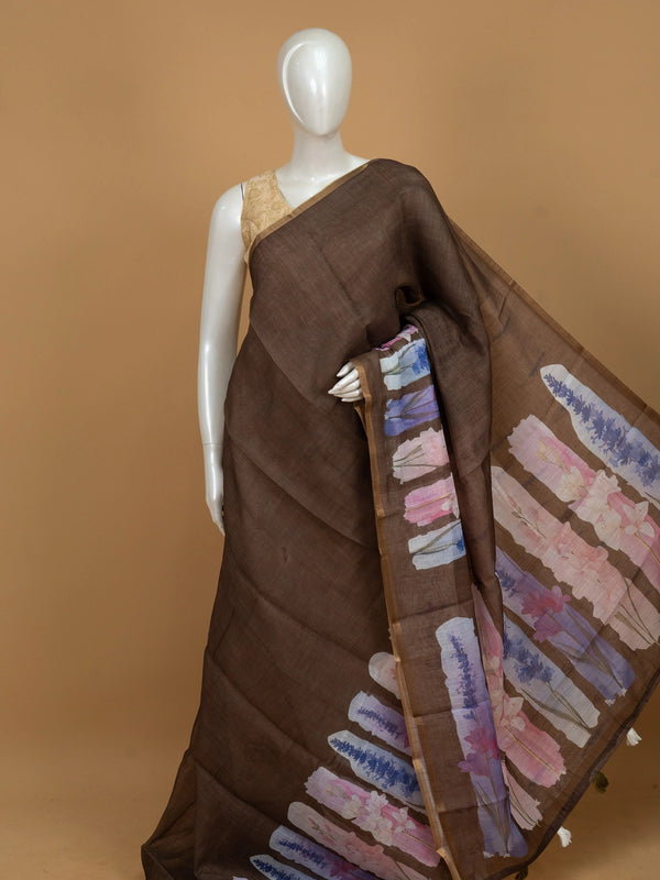 Earthy brown linen cotton saree with watercolour floral pallu and thin gold zari border